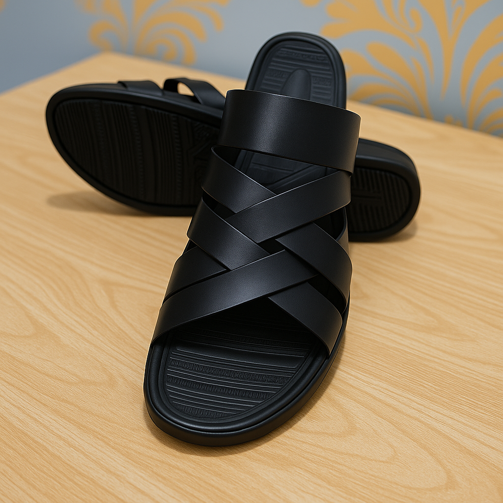 Men’s Black Cross-Strap Slides